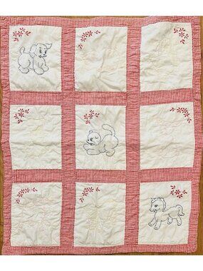 Hand Embroidered Vintage Baby Quilt Stitched Animal Squares Kitschy READ